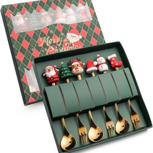 6 stuks kerstlepels, vorken, set, roestvrij staal, kerstkoffielepels, kerstvorken, dessertlepels, theelepels, roerlepel, kerstbestek met geschenkdoos, 3 lepels, 3 vorken (goud)