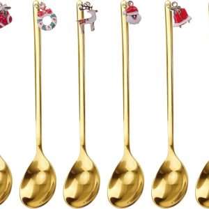 6 stuks kerstlepelset, kerstlepel-serviesset van roestvrij staal voor taart, dessert, koffielepels, theelepels, tafeldecoratie, thuis, café, feestartikelen (goud, met geschenkdoos)