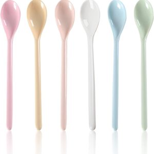 6 stuks lepels herbruikbare, pure kleur theelepels, dessertlepels lang handvat, lepel valbestendig, eetlepels voor het mengen van latte koffie, espresso-ijs, enz. (kleurrijk)