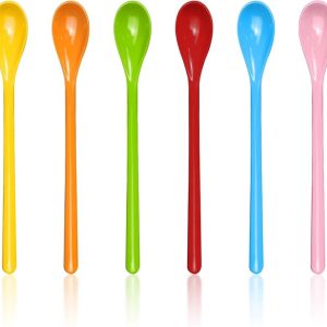 6 stuks lepels met lang handvat, kleurrijke kunststof lepel, lange eierlepel, lange plastic lepel, koffielepel, koffiemenglepel