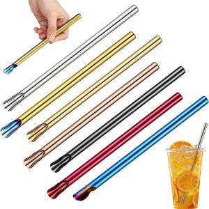 7 stuks roestvrijstalen rietjes met lepel, herbruikbaar dik rietje, lepel, metalen rietjes voor slushijs, smoothie, ijskoffie, milkshake, cocktail en ijs, soda, 21,5 cm