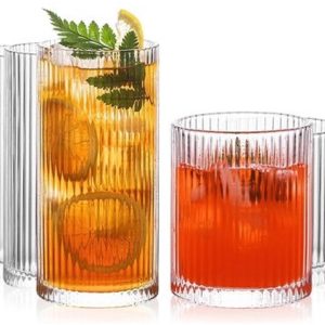 8-delige Ribbel Glazen Set - 4 Hoge glazen 350ml, 4 Steen glazen 14oz - Vintage Drinkglazen Perfect voor Wijn, Sap, Water, Ijskoffie, Whisky, Gemengde Dranken