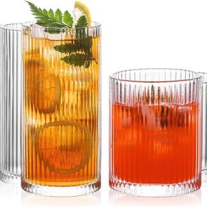 8-delige Ribbel Glazen Set - 4 Hoge glazen 350ml, 4 Steen glazen 14oz - Vintage Drinkglazen Perfect voor Wijn, Sap, Water, Ijskoffie, Whisky, Gemengde Dranken