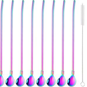 8 stuks herbruikbare roestvrijstalen rietjeslepels met 2 reinigingsborstels, rietlepels regenboog, cocktail, latte, macchiato-lepel, dun en lange steel, 21,5 cm, voor langdrink ijskoffie