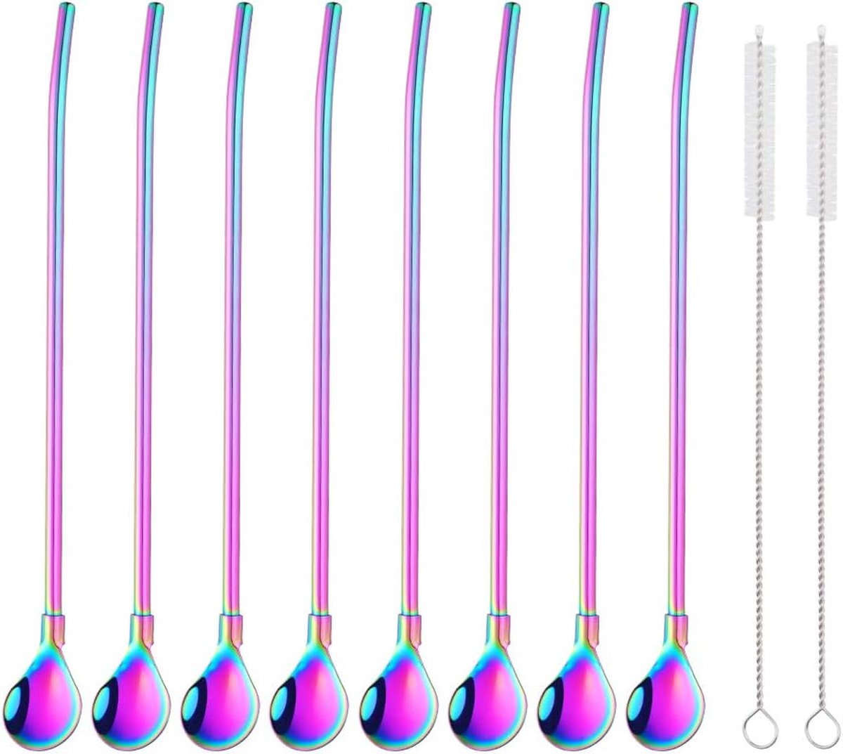 8 stuks herbruikbare roestvrijstalen rietjeslepels met 2 reinigingsborstels, rietlepels regenboog, cocktail, latte, macchiato-lepel, dun en lange steel, 21,5 cm, voor langdrink ijskoffie