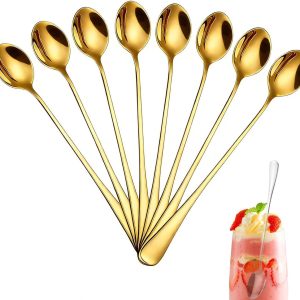 8 stuks ijslepels, goudkleurig, roestvrij staal, 20 cm, lange lepel voor koffie, desserts, ijs, vaatwasmachinebestendig