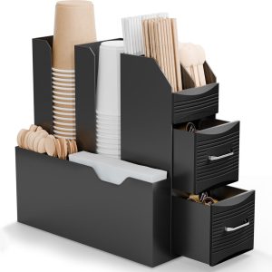 ACROPAQ Koffie organizer met 2 laden en 10 vakken - Voor koffiecapsules, suikerzakjes, bekers, roerstaafjes, servetten of room - Koffiecups houder - Thee organizer - Zwart