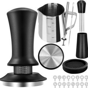 Accessoireset 22-delig met Tamper 51mm & WDT Tool - uitgebreide filterhouder accessoires incl. tamper mat, opschuimkan, latte art pen & sjablonen voor espressomachines (Oval-004E)