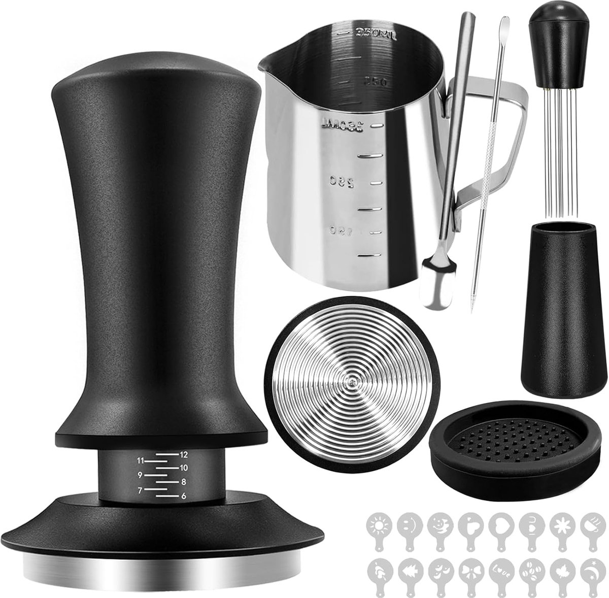 Accessoireset 22-delig met Tamper 51mm & WDT Tool - uitgebreide filterhouder accessoires incl. tamper mat, opschuimkan, latte art pen & sjablonen voor espressomachines (Oval-004E)