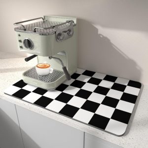 Afdruipmat Voor De Keuken 40 x 45 CM, Past Onder Het Koffiezetapparaat, Geruite Afdruipmat, Vlekkenverbergende Rubberen Achterkant, Absorberende Droogmat Voor Espressomachines, Zwart En Wit