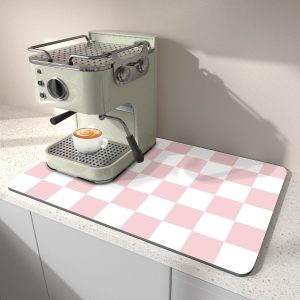 Afdruipmat Voor De Keuken 40 x 45 CM, Past Onder Het Koffiezetapparaat, Geruite Afdruipmat, Vlekkenverbergende Rubberen Achterkant, Absorberende Droogmat Voor Espressomachines, Roze En Wit