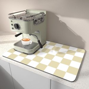 Afdruipmat Voor De Keuken 40 x 45 CM, Past Onder Het Koffiezetapparaat, Geruite Afdruipmat, Vlekkenverbergende Rubberen Achterkant, Absorberende Droogmat Voor Espressomachines, Beige En Wit