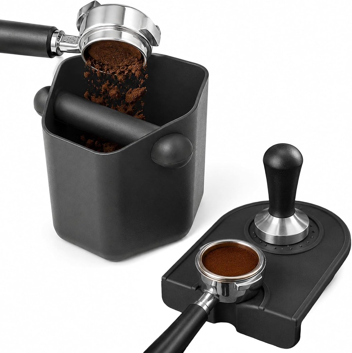 Afklopcontainer voor filterdrager, 580 ml, afklopcontainer voor filterdrager, afklopcontainer met antislipmat, koffie, afklopcontainer voor keuken, café, restaurant, kantoor (zwart)