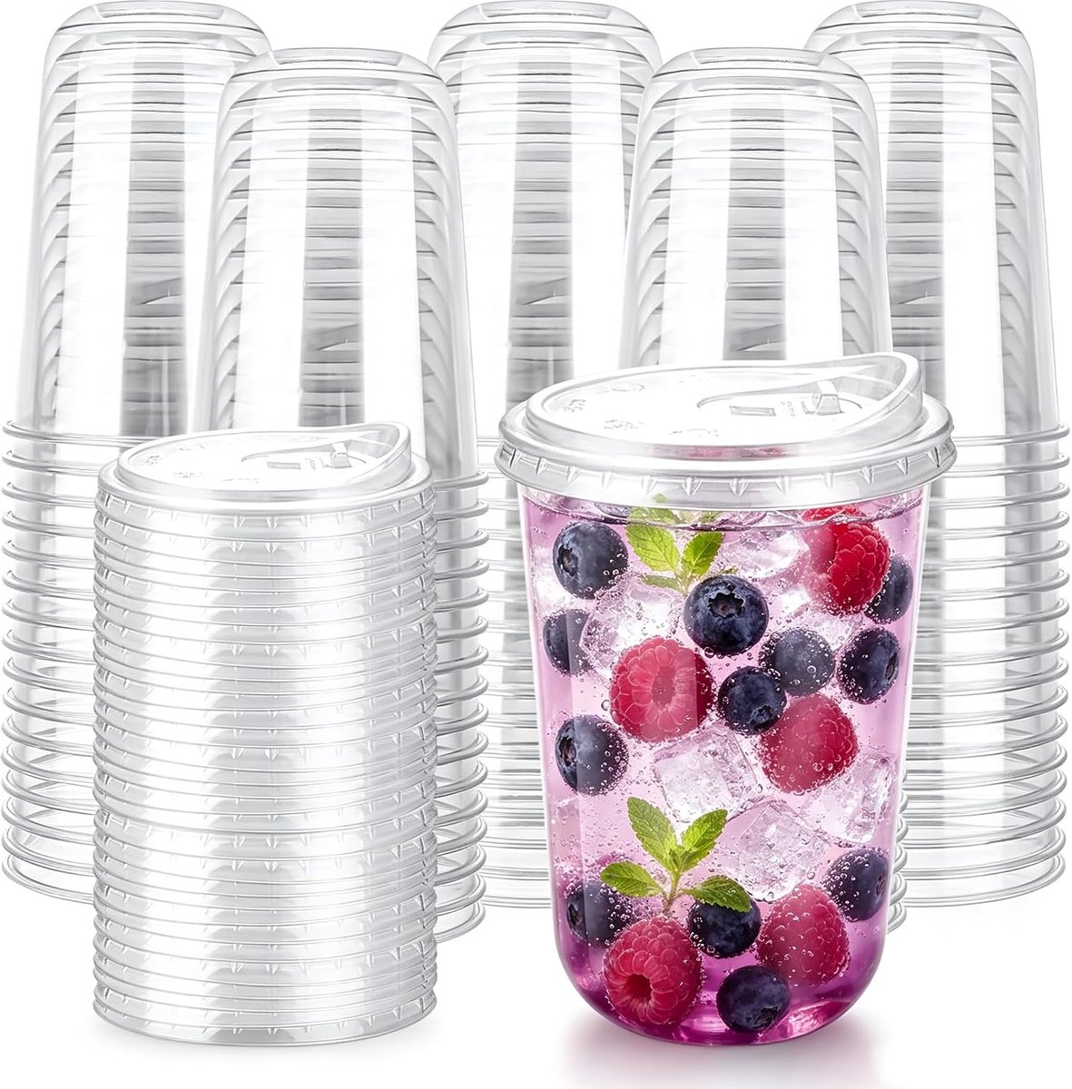 Bekers met deksel, 500 ml, herbruikbare bekers met deksel, BPA-vrij, smoothiebeker, transparant, voor smoothies, cocktails, ijskoffie, verjaardag, bruiloft