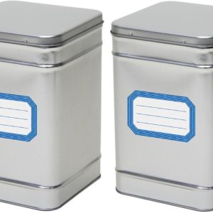 Bellatio Design 2x stuks opbergblikken van metaal - bewaarblik - zilver - 14 x 21 cm - met etiketten blauw van 8.2 x 5.5 cm