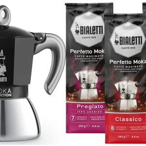 Bialetti Moka Inductie Zwart - 6-kops - 280ml + Bialetti Koffie Proefpakket 3 x 250gr