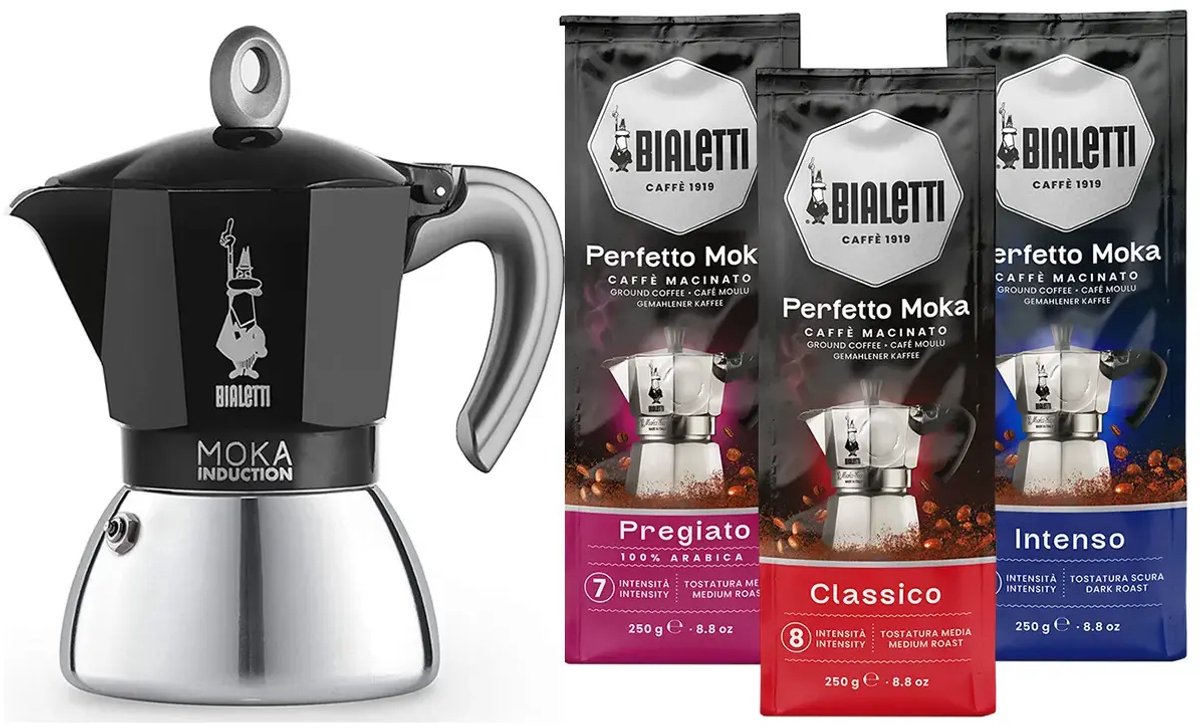 Bialetti Moka Inductie Zwart - 6-kops - 280ml + Bialetti Koffie Proefpakket 3 x 250gr
