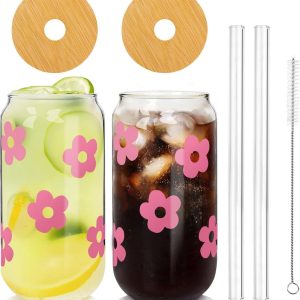 Bierblikglazen met deksels - Gevormde kopjes tumblers - IJskoffie en smoothies - Herbruikbaar glaswerk - 20oz capaciteit - Roze bloemen patroon