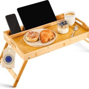 Blumtal Bed Dienblad van Bamboe - 50 x 30 cm - Met stand voor tablets en smartphones - Ontbijt op bed dienblad - Opvouwbaar dienblad - Dienblad met poten - Hout
