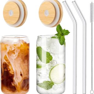 Bubble Tea bekers met deksel en rietje, set van 2, drinkglazen met bamboedeksel en glazen rietje, ijskoffieglazen voor ijskoffie, cocktail, smoothie glas, bier, koude cups, 480 ml