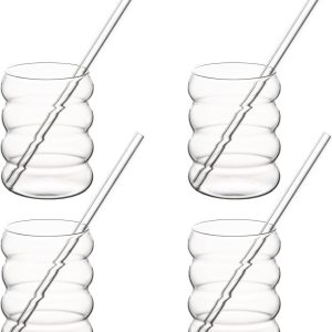 Bubble glazenset met glazen rietje, 4 x 350 ml, ideaal voor ijskoffie, water en cocktails, set longdrinkglazen, ijskoffieglazen, koffieglazen, Iced Coffee Bubble glas
