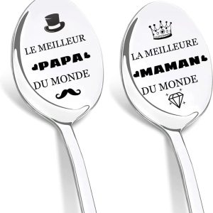 Cadeau voor papa en mama, 2 stuks Cuillère à Café en Acier Inoxydable, Cuillères Gravées aus Laser Meilleur Maman et Papa du Monde, Cadeau Anniversaire Fête des Mères Cadeau Noël voor Papa