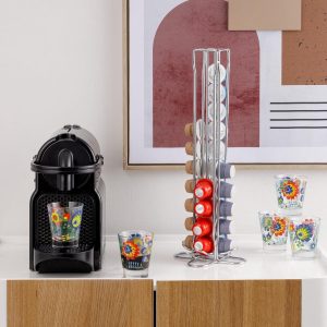 Capsulehouder Nespresso metaal zilver - keukenaccessoires - 40 capsules - rechthoekige zuil - 13 x 13 x 36 cm capsulehouder nespresso