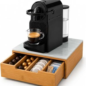 Capsulehouder met lade voor capsules Nescpresso Dolcegusto Modomio Caffe Lavazza theezakje suiker van bamboehout (31,5 x 30 x 10 cm Sky White)