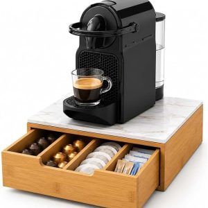 Capsulehouder met lade voor capsules Nescpresso Dolcegusto Modomio Caffe Lavazza theezakje suiker van bamboehout (31,5 x 30 x 10 cm, taupe)