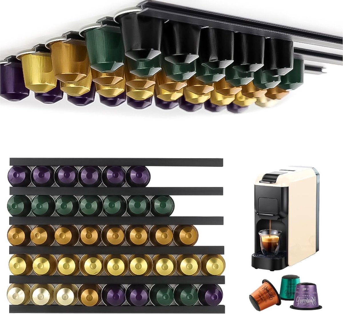 Capsulehouder voor Koffiecapsules, Geschikt voor Diverse Merken, Houdt Tot 40 Capsules Vast, Inclusief 6 Zelfklevende Houders