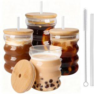 Dailygoods - 4-pack drinkglazen voor cocktails, 11oz/320ml vintage gegolfd glas bekers, glazen ijskoffie glas bekers glaswerk met deksels en houten deksels voor bier, water, cocktail, whisky, sap