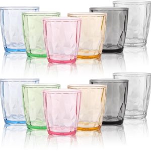 Dailygoods- Drinkglazen Set van 12 - Kleurrijk Acryl - 330 ml - Stapelbaar - Ideaal voor Water/Sap/IJskoffie - Hoogwaardig Materiaal - Bekers