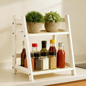 Dailygoods - Keukenorganizer 2 Lagen Bamboe 26 x 18 x 29.5cm, 2 Lagen Bamboe Rek Staand, Organisatie Koffiepads Opslag 2-Laags Multifunctioneel Kruidenrek, voor Eetkamer, Keuken, Badkamer, Kantoor (Crèmewit)