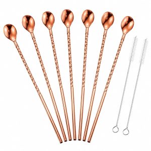 Dailygoods - Rietjeslepels 6 Stuks RVS 21,7cm met 2 Borstels | Herbruikbare rietjes met lepel voor latte macchiato, ijskoffie, cocktail, milkshake, smoothie, bar en thuisgebruik