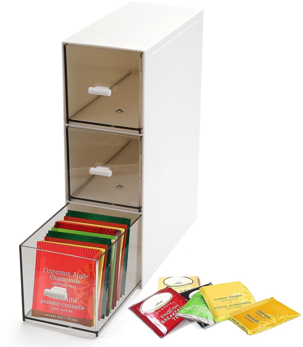 Dailygoods- Theedoos 3 Laden - Opbergdoos voor Theezakjes - Transparant - Organizer voor Koffiepads - Hygiënisch - Geschikt voor Keuken en Kantoor