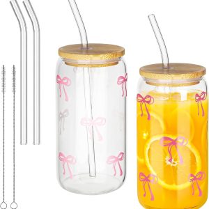 Drinkbekers met rietje, 500 ml spuitbeker, glazen bekers voor thee, dranken, sappen, ijskoffie, latte macchiato, smoothies en cocktails, cadeaus voor meisjes van 11 jaar, 2 stuks