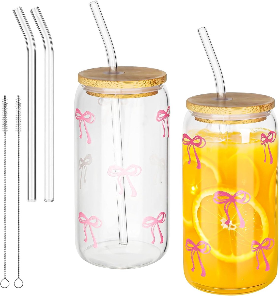 Drinkbekers met rietje, 500 ml spuitbeker, glazen bekers voor thee, dranken, sappen, ijskoffie, latte macchiato, smoothies en cocktails, cadeaus voor meisjes van 11 jaar, 2 stuks