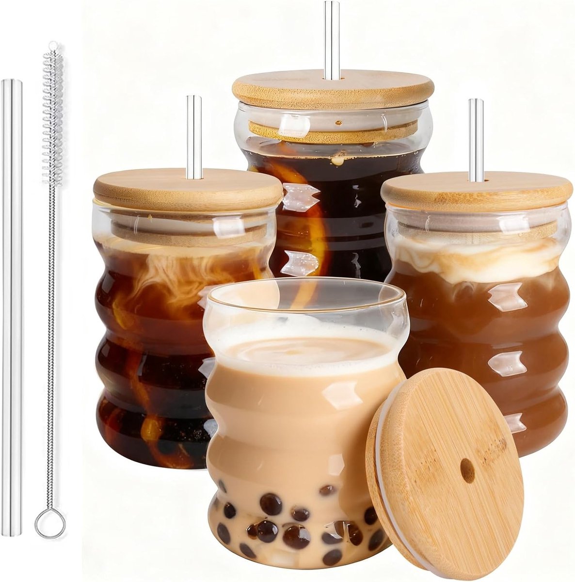 Drinkglazen Set van 4 - Vintage Glazen 11oz/320ml voor Cocktails en IJskoffie - Glazen Bekers met Deksel en Houten Deksel - Geschikt voor Bier, Water, Whisky en Sap