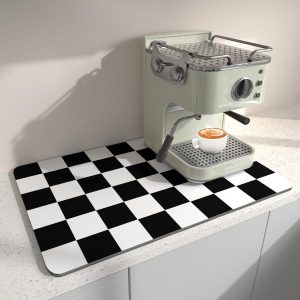 Droogmat voor Afwas in de Keuken, 40 x 45 cm, Absorberende Mat voor Koffiebar en Aanrecht, Rubber Achterkant, Zwart en Wit, Ideaal voor Koffiemaker en Espressomachine