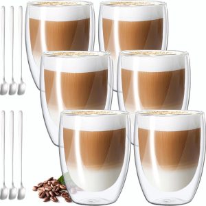 Dubbelwandige Latte Macchiato-glazen met lepel (6 stuks, 350 ml) - voor cappuccino, latte, ijskoffie, melk en sap latte macchiato glazen