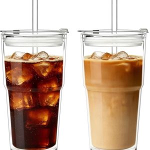 Dubbelwandige glazen bekers set van 2, 600 ml, met deksel en rietje voor latte, ijskoffie en smoothies, ideaal voor koude dranken