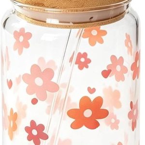 Elegante glazen drinkbeker met deksel en rietje, 454 ml, ideaal voor smoothies, ijskoffie en cocktails met bloemenpatroon