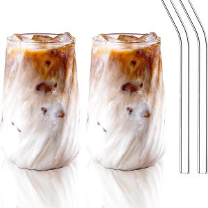 Elegante ribbelglazen voor ijskoffie en dranken - 400 ml borosilicaat glazen set van 2 voor cocktails, limonade en cappuccino