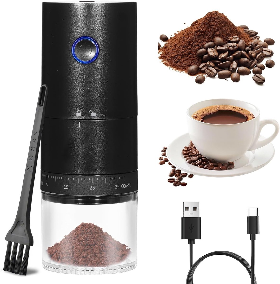 Elektrische Koffiemolen met 38 Instellingen voor Grove Maalgraden, Oplaadbare Molen voor Koffiebonen, Granen en Specerijen met Keramische Kern