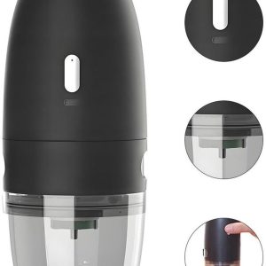 Elektrische koffiemolen met conische maalschijf, instelbare maalgraad, draagbaar, oplaadbaar via USB-C, geschikt voor espresso, French press en cold brew. Zwart.