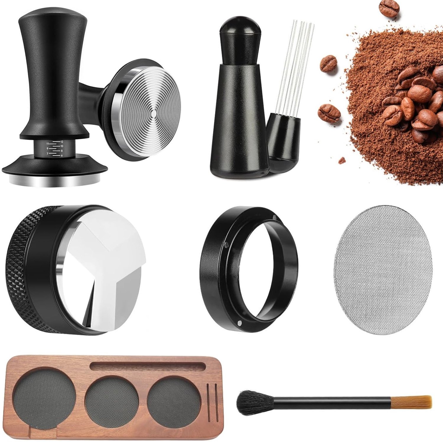 Espresso Tamperset 51 mm met tamperstation, 7-delige barista-accessoireset met koffiestamper met distributor, tampermat, doseerring, reinigingsborstel, puck screen, koffietamper voor espressomachine