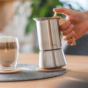 Espressomachine (2 Cup No Inductie) | 2, 4, 6, 9 kopjes | RVS mokkakan, espressokan, espresso maker set incl. onderzetter, lepel (handvat: houtlook, 2 kopjes (100 ml)