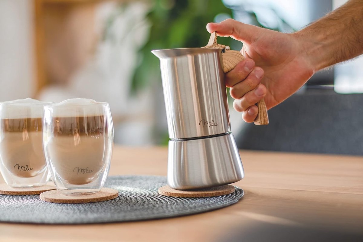 Espressomachine (2 Cup No Inductie) | 2, 4, 6, 9 kopjes | RVS mokkakan, espressokan, espresso maker set incl. onderzetter, lepel (handvat: houtlook, 2 kopjes (100 ml)