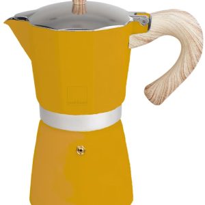 Espressomachine, geel, voor 9 kopjes, alle warmtebronnen inclusief inductie, aluminium espresso, handgrepen van softtouch-kunststof in houtlook, camping-koffiekoker