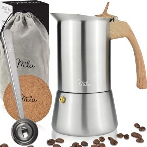 Espressomachine, geschikt voor inductie, 2, 4, 6, 9 kopjes, roestvrij staal, mokkakan, espressokan, espresso maker set incl. onderzetter, lepel (greep: houtlook, 4 kopjes (200 ml))
